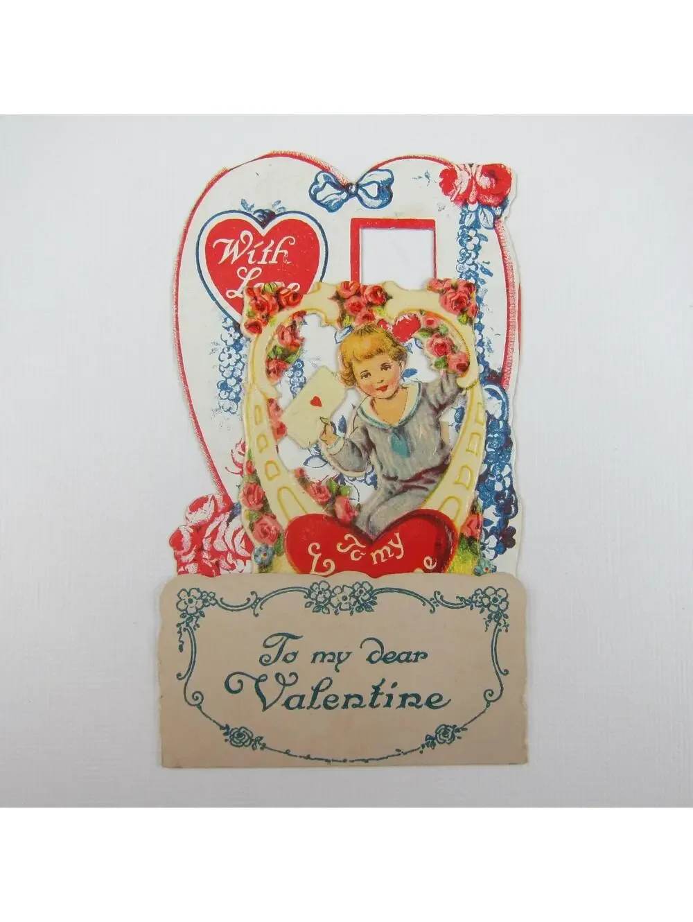 Vintage Valentine 3D Pop Up Die Cut Blonde Boy Sailor Suit Red Flowers & Hearts
